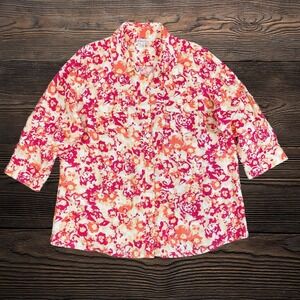 Kim Rogers Woman 100% Linen Button Down Shirt Pink Orange Floral Plus Size 1X